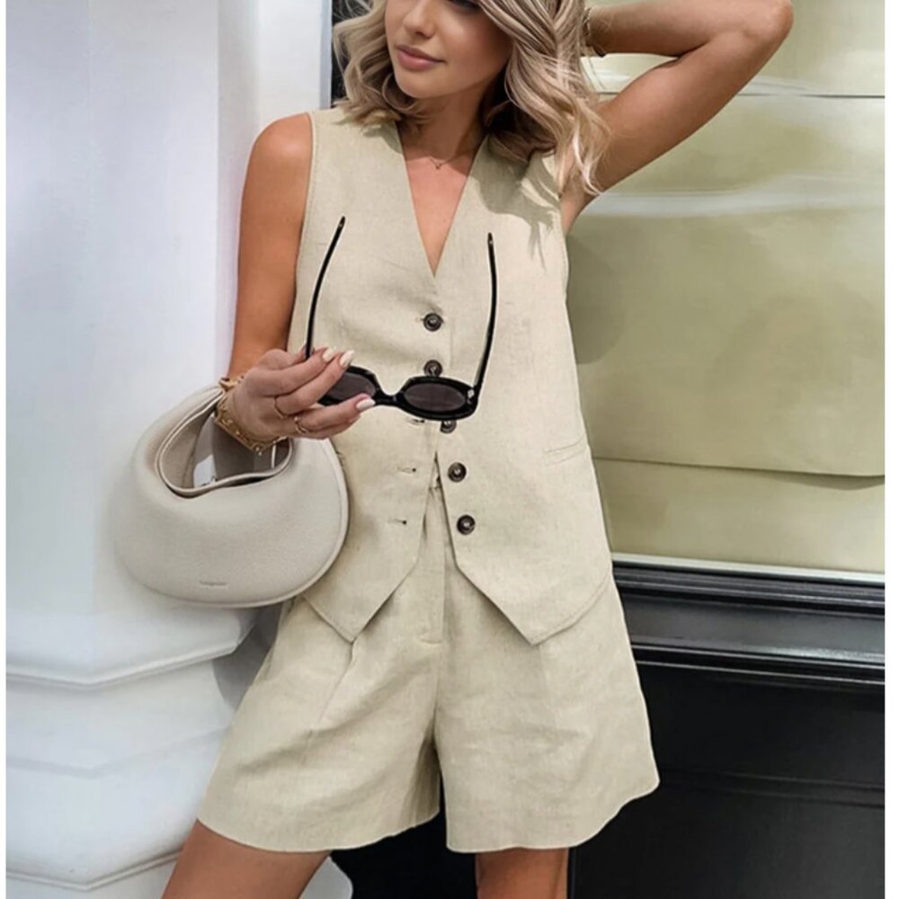Cotton & Linen Pockets Shorts Set - M